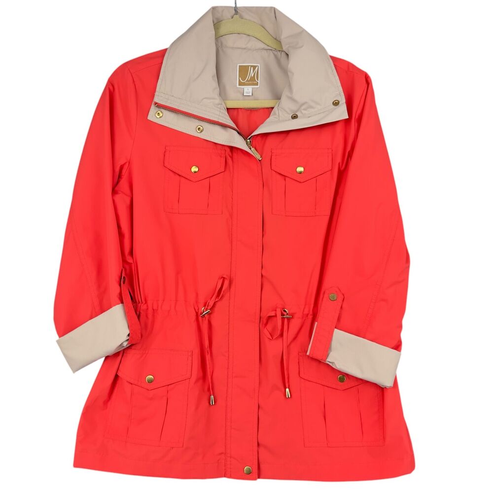 JM Collection Red Drawstring Waist Buttoned Pockets Raincoat‎ Jacket Small